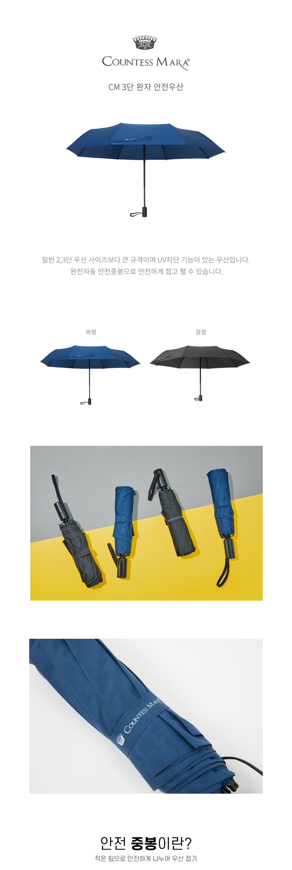 일반 2,3단 우산 사이즈보다 큰 규격이며 UV차단 기능이 있는 우산입니다.  완전자동 안전중봉으로 안전하게 접고 펼 수 있습니다.